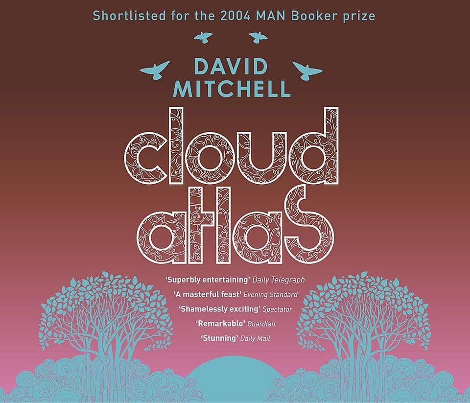 detail of cover of Cloud Atlas by David Mitchell, featuring laudatory quotes, fancy letters, trees, sunset, purlpey sky