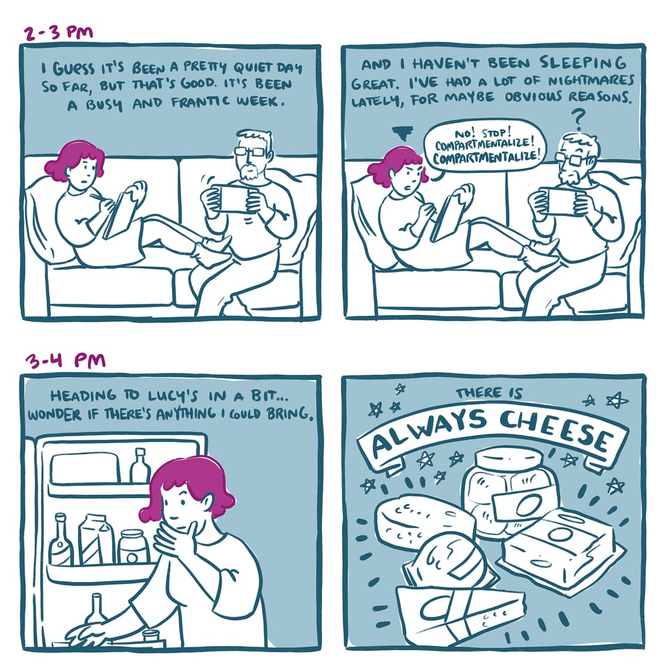 Panel 1: 2-3 PM, Sarah and Niles relaxing on the couch, Sarah is drawing and Niles plays on a switch. Caption: I guess it's been a pretty quiet day so far, but that's good. It's been a busy and frantic week. Panel 2: Caption: And I haven't been sleeping great. I've had a lot of nightmares lately, for maybe obvious reasons. Sarah, angrily scribbling: