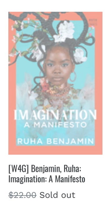 A Screenshot of Imagination: A Manifesto; the price underneath is stricken out and "Sold out" is placed next to it