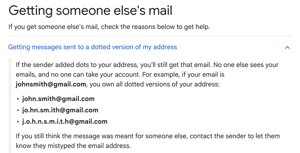 Screenshot explaining Gmail's handling of periods or dots in email addresses