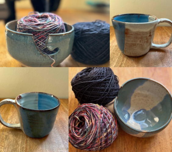 A collage of four images: two of a blue and white yarn bowl, and two of a blue and whit mug.