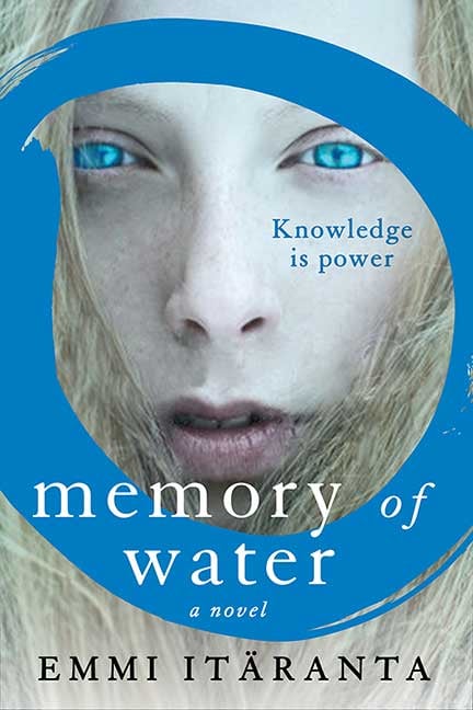 Blond, blue-eyed young woman's face in a circle of blue (like water)
