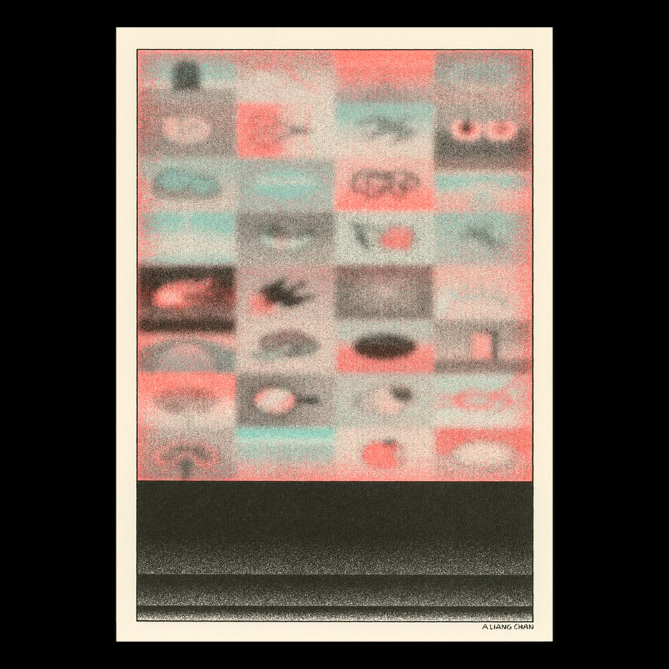 a riso print: a blurry, grainy grid of indistinct symbols and images in grays, light blue-green, and bright orange, above bands of black gradients getting progressively shorter.