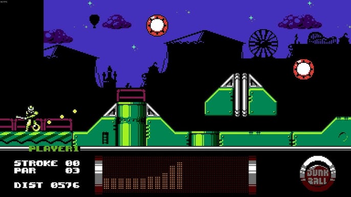 A 8-bit game with a humanoid figure swinging a club to throw a ball.