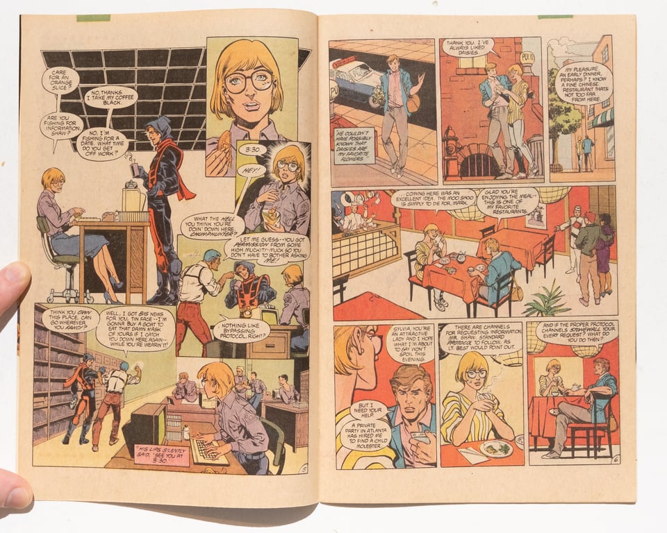 spread from Manhunter of the character going on a date with a police officer love interest