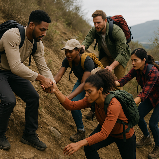 Several hikers climbing a steep hill. Some are pulling others up and some are being supported from behind in the climb.