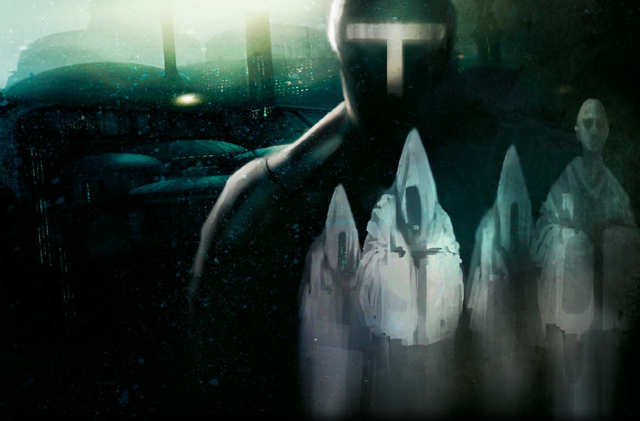 Hooded religious figures in white gowns in the foreground, in the background a futuristic city, with towers and many lights. A ship dominates the middle ground, with a yellow T light at the front