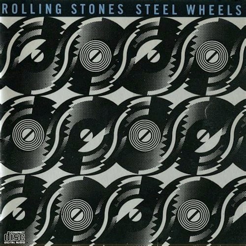 A arrangement of black circles that suggest vinyl albums and also the "steel wheels" of the title. There's six going horizontally across the top, five across the middle, and five across the bottom. There's also a stylized stripe across from one record to the other, suggesting an S, presumably for "Stones" or "Steel." It's possible the album is supposed to suggest the cover of The Rolling Stones' SOME GIRLS, which if so, lol.