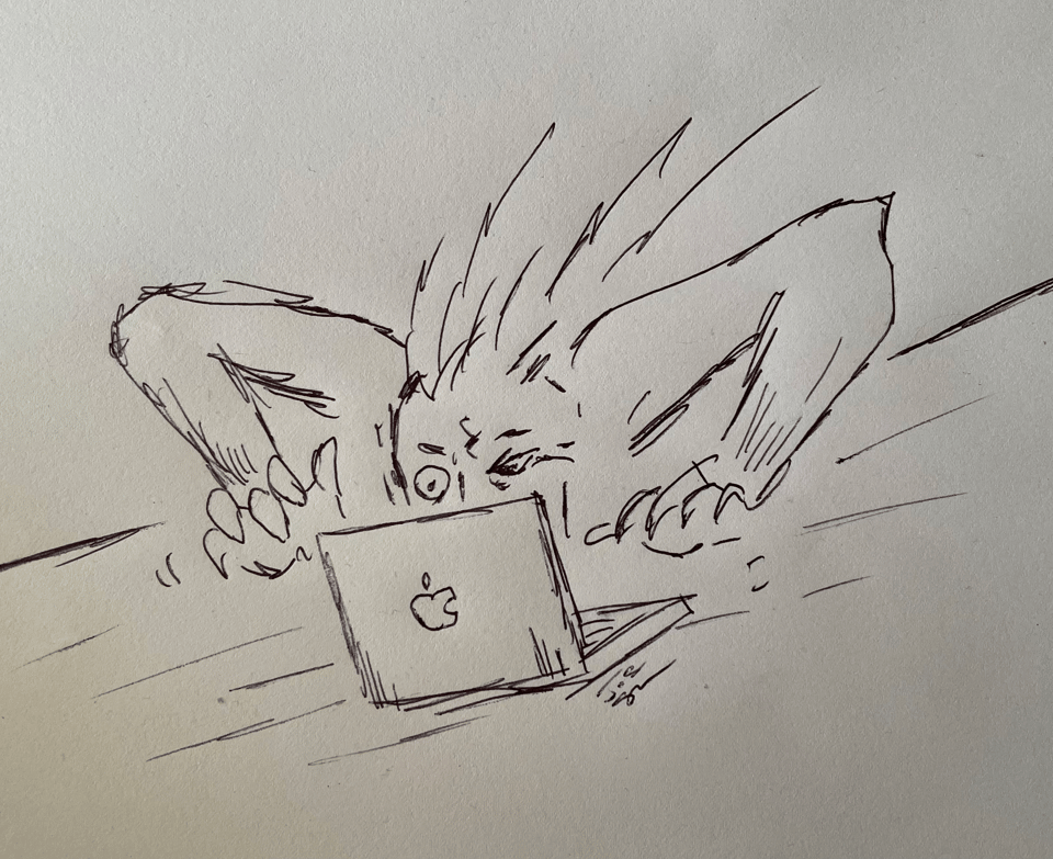 A surreal stressed figure hunches over a laptop typing furiously