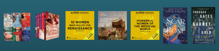 Collage of book covers of Lisa Kleypas's Wallflowers series, Suzanne Enoch's Scandalous Brides series, 10 Women who Ruled the Renaissance, The Middle Ages around the World, Powerful Women of the Medieval World, A Scar in the Bone, and Through Gates of Garnet and Gold.