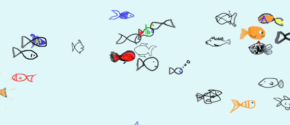 Few dozen hand-drawn simplistic fish swimming on a light blue background. Some of the fish are just black outlines with a few characteristics but some are multicolored with more detail.