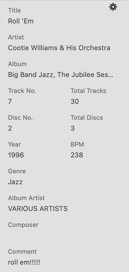 metadata for a cootie williams version of "Roll 'Em," with a note that just says "roll em!!!!!"