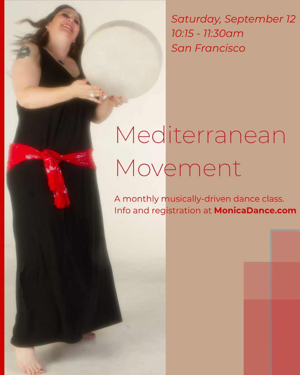 Alt text: A person in a black dress plays a frame drum and smiles. Text advertises a dance class.