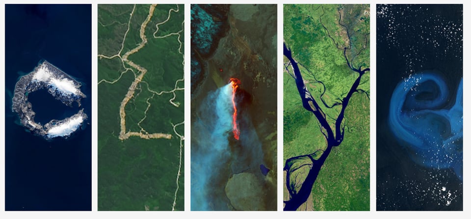 A series of five satellite images of the earth, each showing a formation that looks like a letter. The first looks like a semi circular island in the shape of a C. The second is a series of rivers in the shape of an L. The third looks like a volcanic stream of lava in the shape of an I. The fourth is a river Delta in the shape of a V. The last looks like a water formation in the shape of an E.