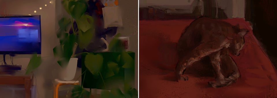 two paintings side by side: the first of a monstera sitting on a stool with orange metal legs and flowering in a dim room (behind which stands hanging jackets and a green hutch), contrasted by a bright blue tv screen; the second of a cat contorted around itself to lick its tail on a red couch.