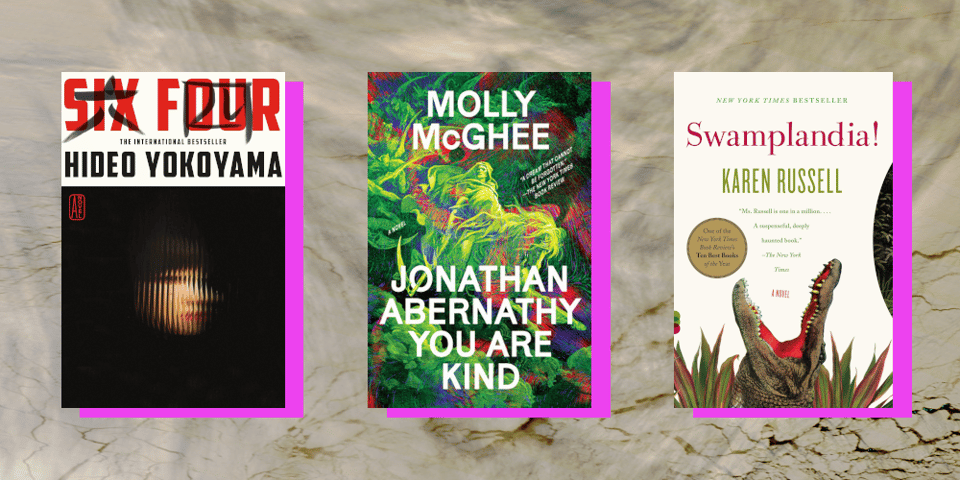 Book covers for Six Four, Jonathan Abernathy You Are King, and Swamplandia!