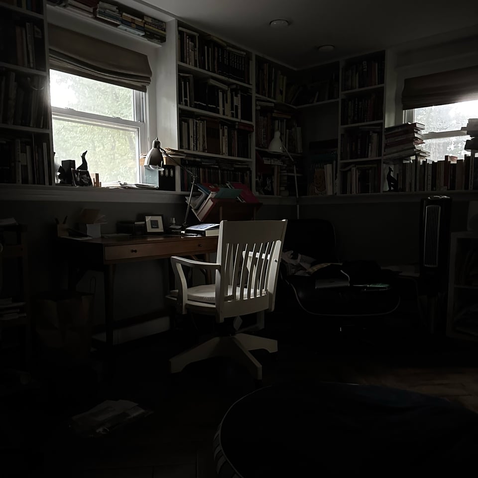 Dimly lit photo of a home library, where light comes from 2 windows, and the most illuminated object is a white wooden office chair