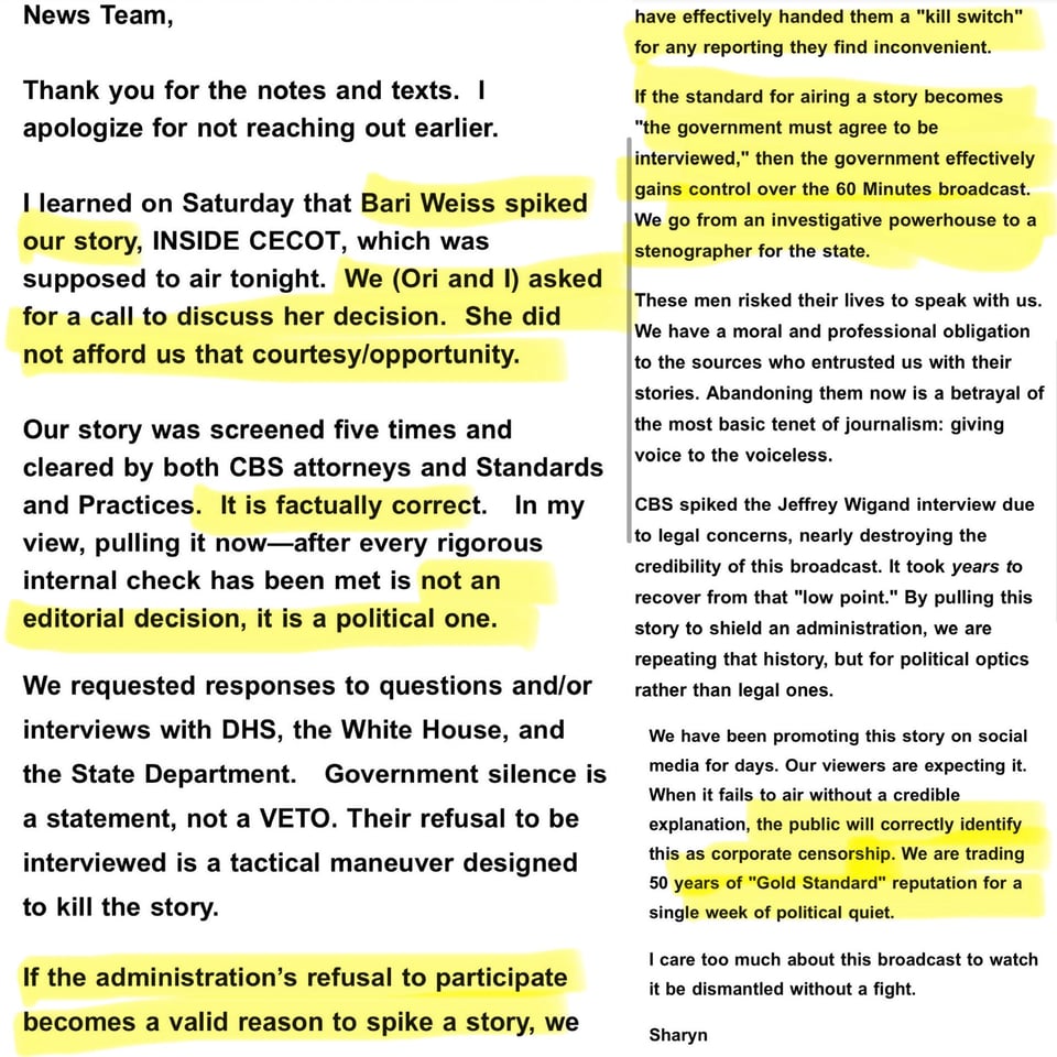 Statement by <br/>Sharyn Alfonsi, a “60 Minutes” correspondent, on CBS censorship.