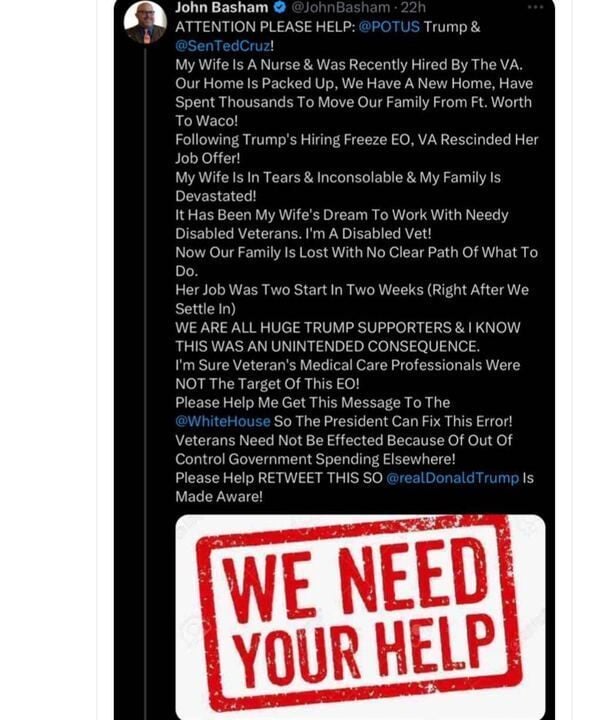 Screenshot of long Facebook post with initial capitals on every word from a Trump supporter whose wife's new job with the VA has been rescinded due to Trump's executive order.