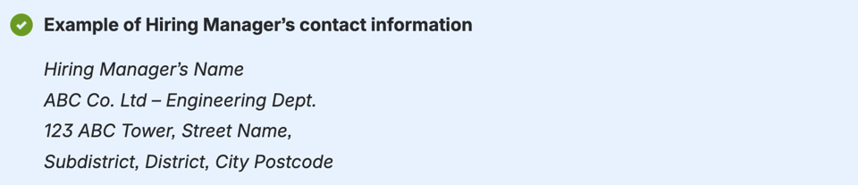 An example of a hiring manager's contact information, including the name, company, department, and address details.