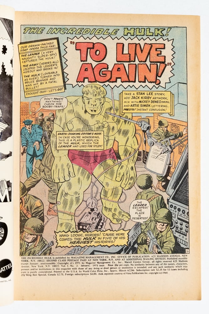 Title page illustrated by Kirby. There's a large plastic replica of the Hulk in the middle of a bunch of scientific equipment and soldiers