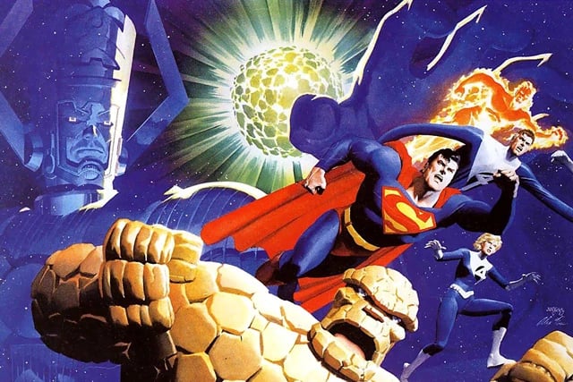 cover art for superman/fantastic four: the infinite destruction, art by alex ross