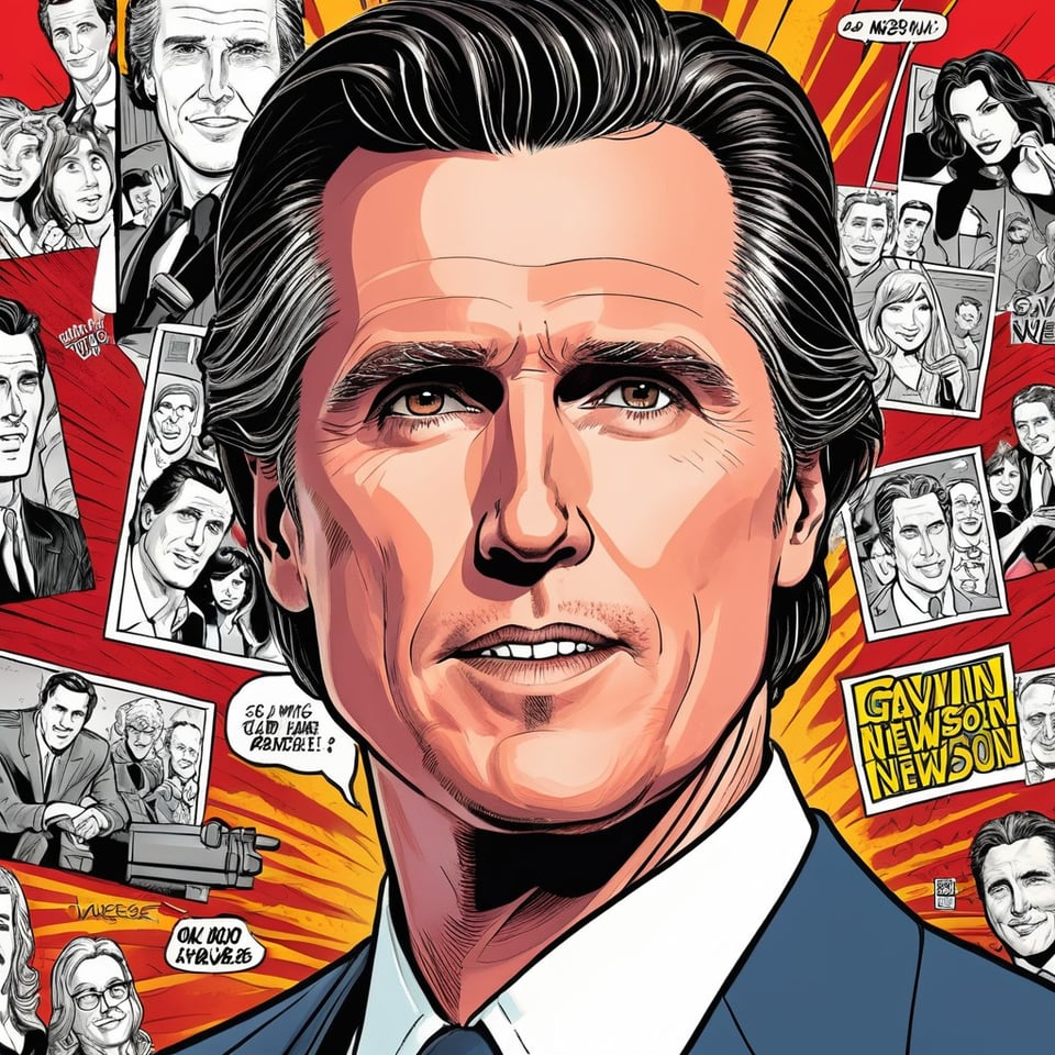 AI generated image of a comic book style portrait of Gavin Newsom. He is framed by black and white comic panels that look janky, and stands against a bright orange, red, and yellow background.