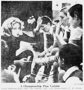 Newspaper clipping with photo of Cathy Rush leading her team during timeout with caption "A Championship Play Unfolds"