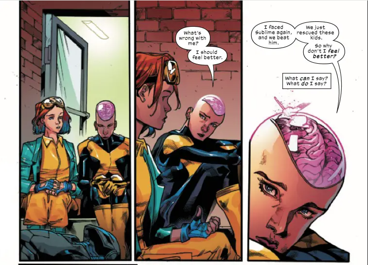 A few panels from Lethal Legion. Escapade is comforting Cerebella who doesn't feel better after facing John Sublime, who tortured her years earlier.