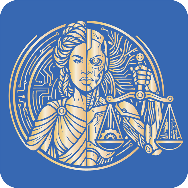 An image of Themis, Greek goddess of law and justice, in gold on a blue background. Themis is half human, half machine. Her right side is human, wearing a robe meant to look Grecian, with African-American facial features and long hair in twists. Her left side is cyborg, has wires emanating from her head, and she has an robotic eye; her arm shows wiring under metal casing. Behind her is a circle with integrated circuits inside of it. She is holding scales of justice in her left (cyborg) hand, and in scales are circuits and gears.