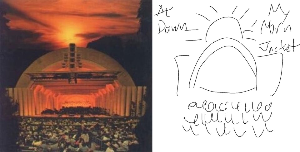 A photo (I think) of the Hollywood Bowl, shot from the back, showing the audience and the very deep stage way in the back. The sun is setting just behind the giant curved proscenium, next to black clouds, coloring the whole picture in a deep orange-red.
