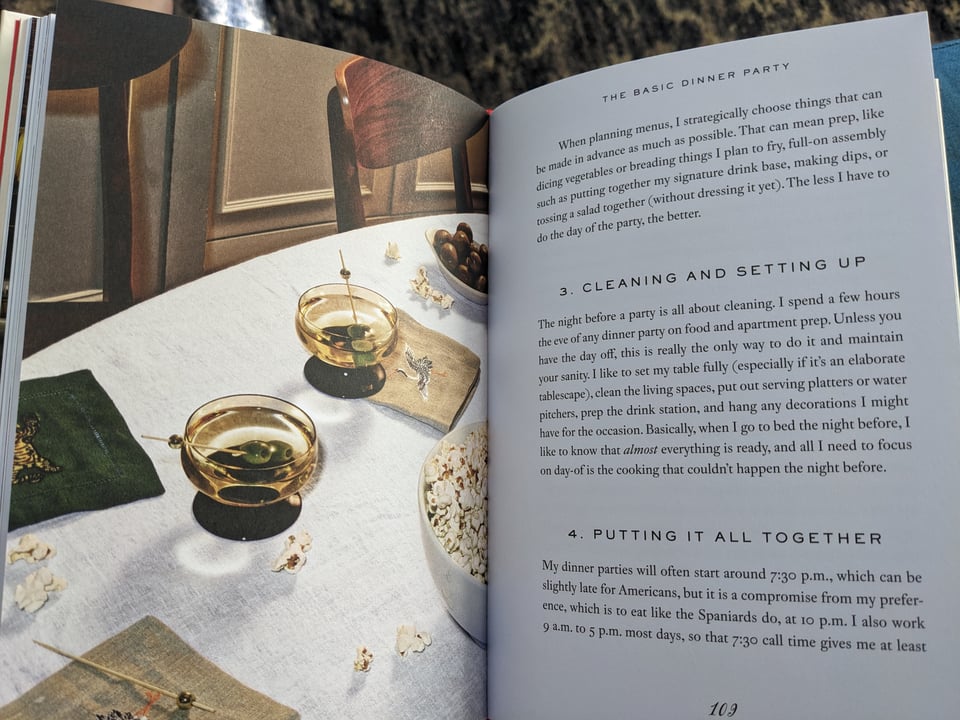 A page from Having People Over. On one page, there are two martinis on a table. The opposite page has instructions for cleaning and setting up for a party.