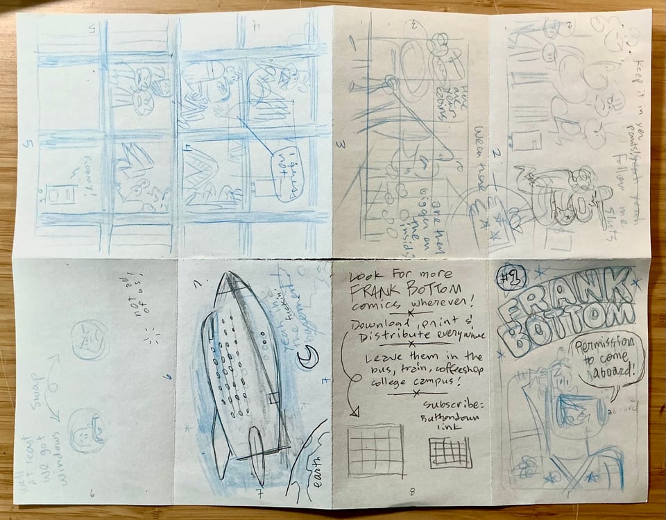 An 8 ½ inch by 11 inch sheet of paper, folded into 8 sections. Each section is a page of a mini-comic. The page is covered in sketches and word bubbles, but is an unfinished draft so it looks rough and sketchy.
