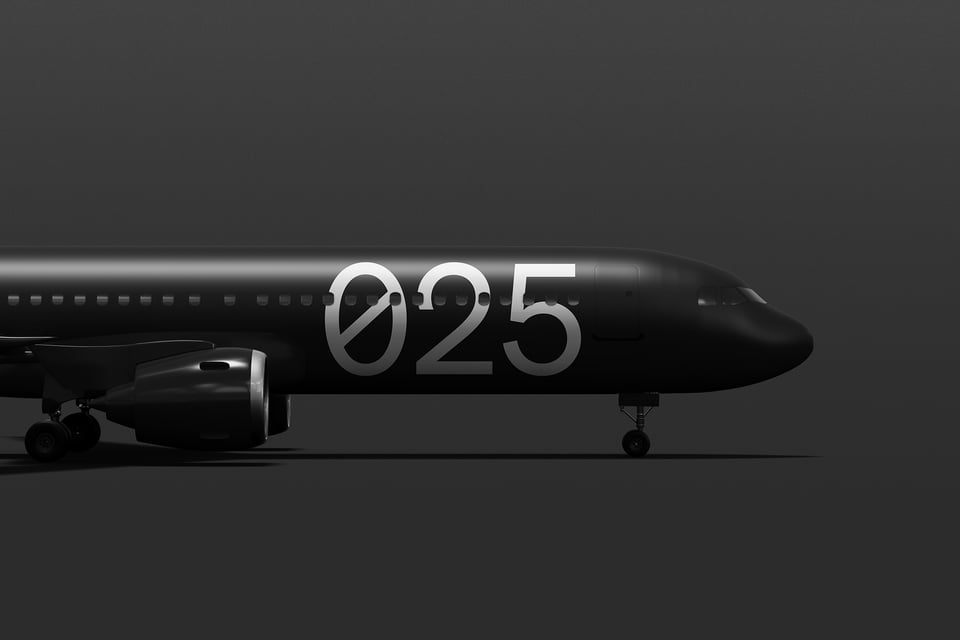 Side view of the plane mockup with number 025 branding