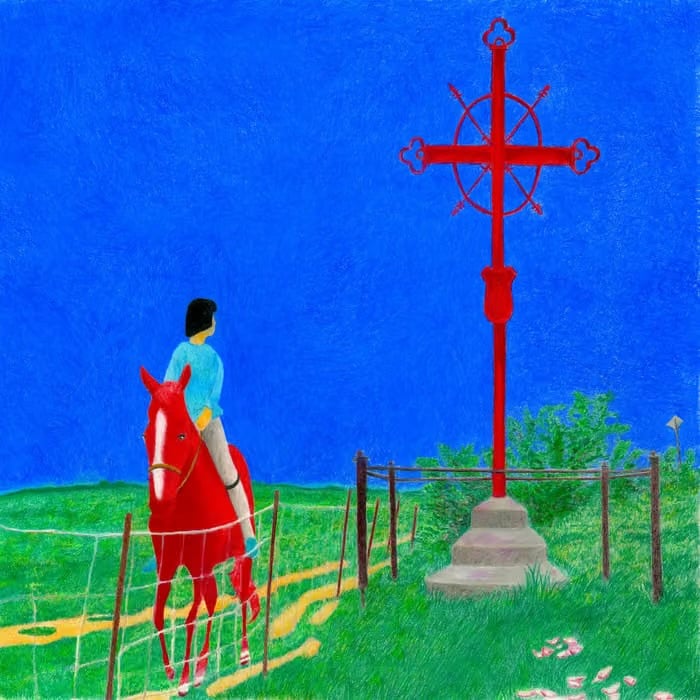 the cover of the friends& album folx - a painting of a person with black hair and a blue shirt riding a red horse alongside a wire fence, with a shrine on the other side of it: a red orthodox cross emerging out of a concrete base, among bushes, grasses and wildflowers.
