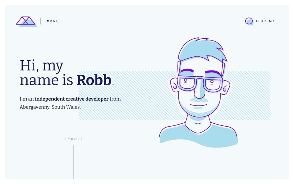 A screenshot of the home page showing an illustration of Robb wearing glasses and a headline that says hi my name is Robb