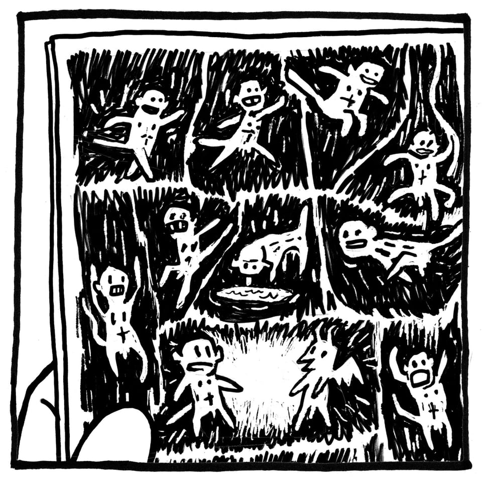 A comic panel. Closeup on a comic page that someone is holding. A monkey runs in a zig zag.