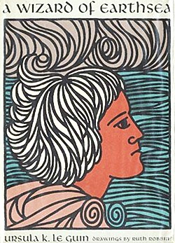 Cover of Le Guin's A Wizard of Earthsea, featuring a line drawing by Ruth Robbins