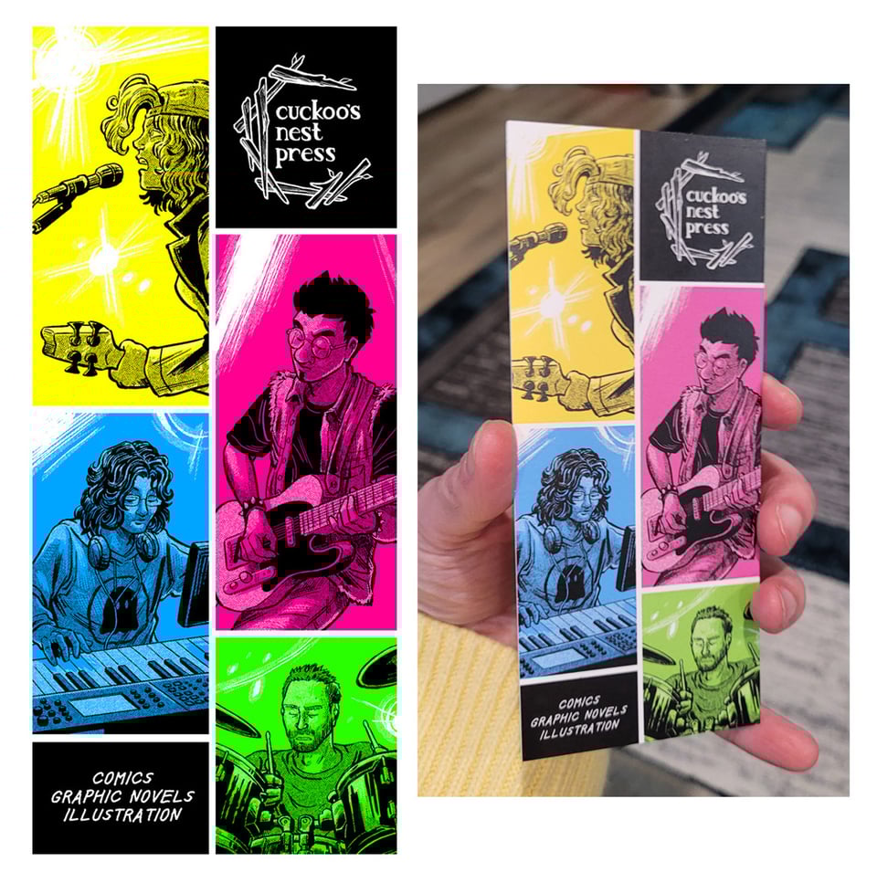 An image of my new bookmark design, showing all four band members of the Dead Layaways from The Last Band On Earth. They are each in their own different coloured rectangle. Next to this is a photograph of me holding the finished, printed bookmark.