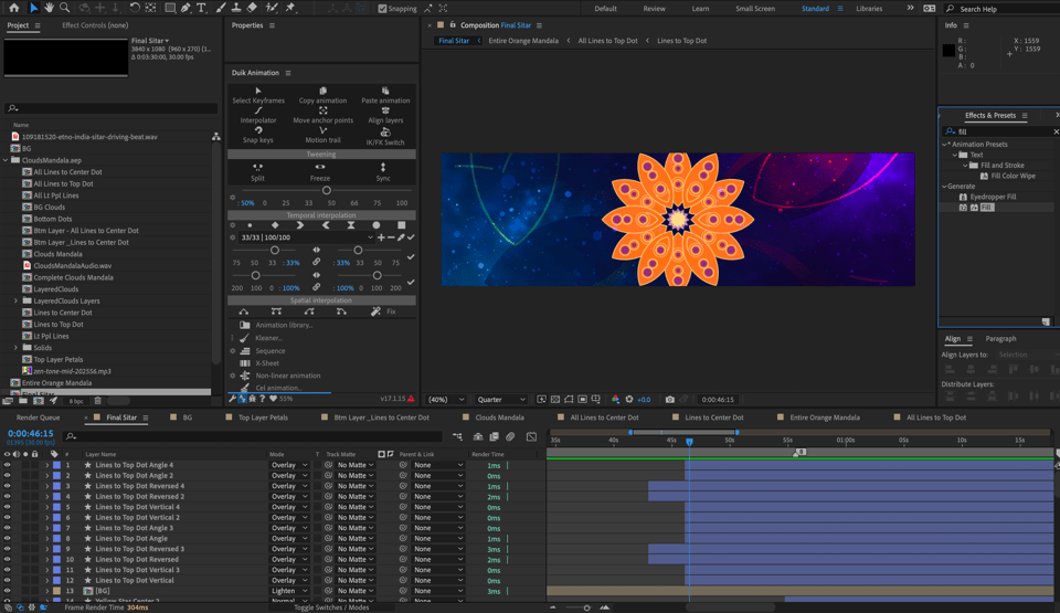 Screenshot of Adobe After Effects software with orange mandala video
