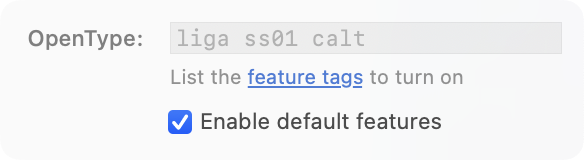 Screenshot of the Font Proofer UI for activating default OpenType features