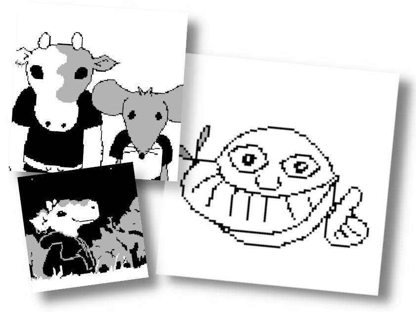 Snippets of Sycamore webcomic panels. Amy and Gingham staring, Amy looking at the stars, and an icon of a face giving a thumbs-up abd the shape of a big toothy grin formed by a cartoon carrot.