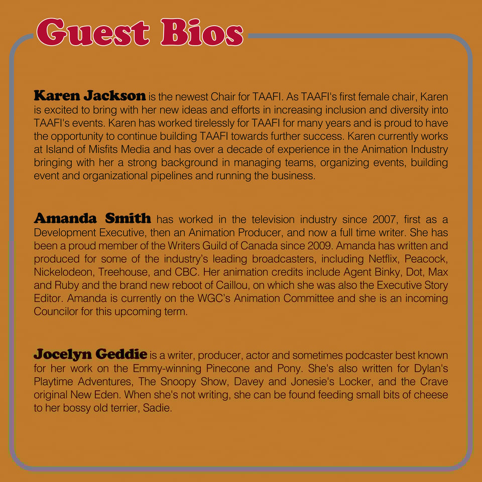 Image is an info card titled Guest Bios. Text is three paragraphs that contain bios for Karen Jackson, Amanda Smith and Jocelyn Geddie.