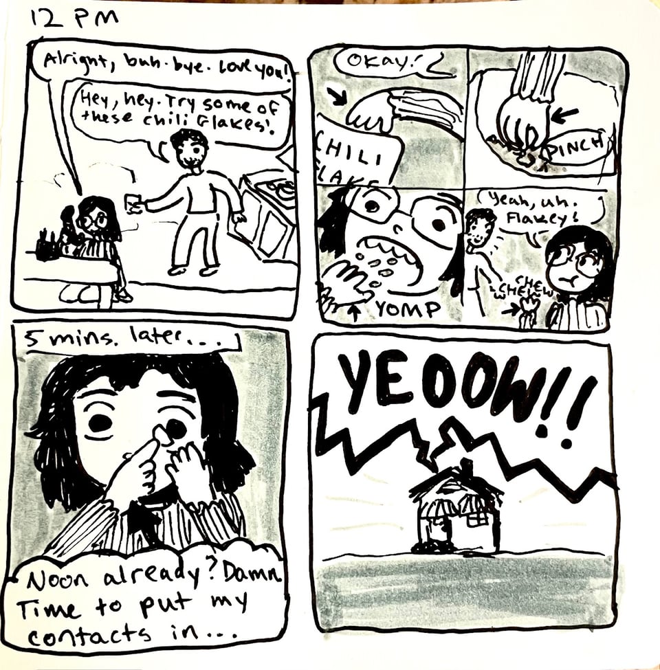 12 PM hourly comic about getting chili flakes in my eye