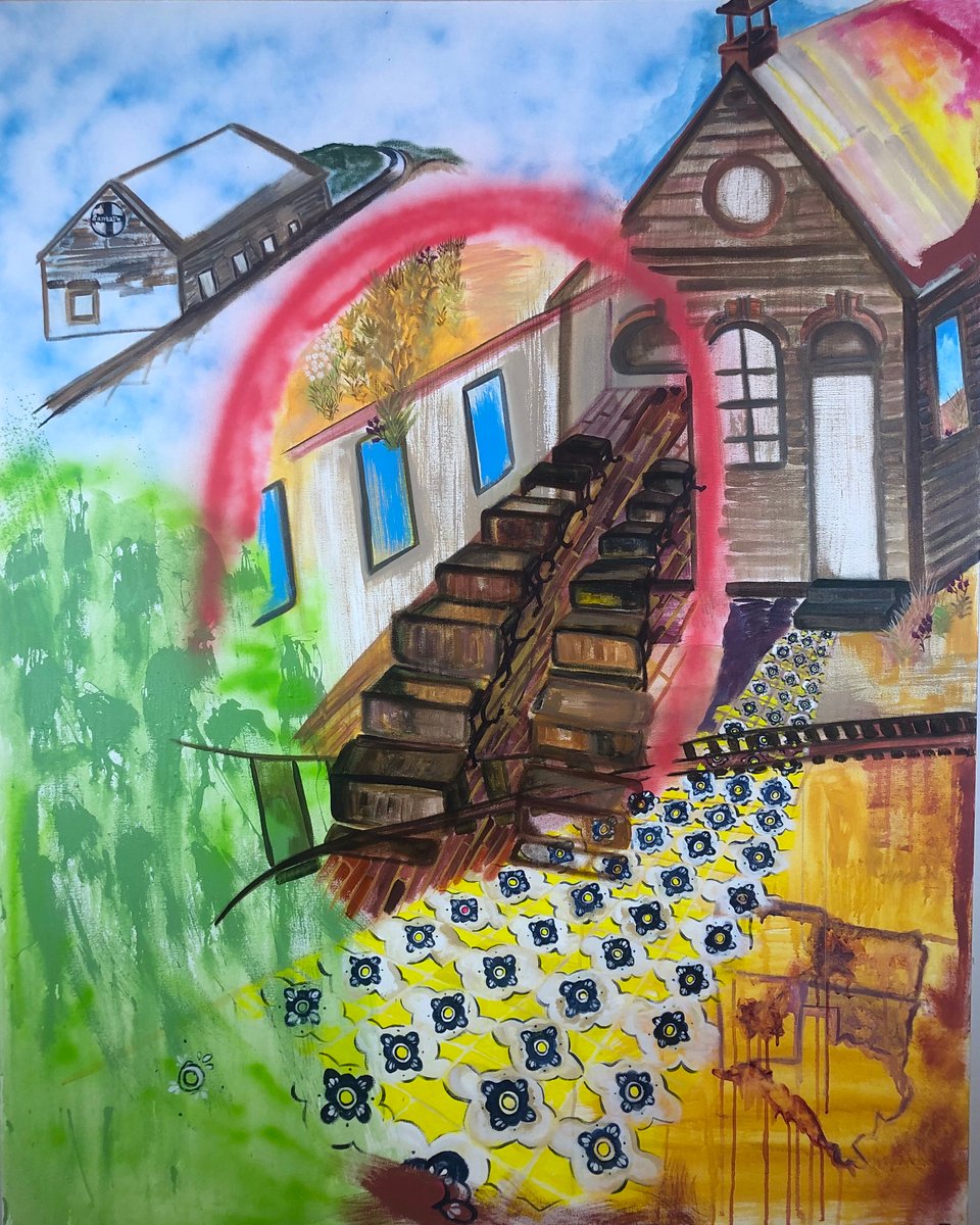 a painting of a classroom scene and railroad and prairie painted by the author