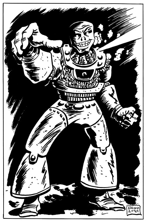 The cyborg villain Silverstryke, strikingly rendered in black and white