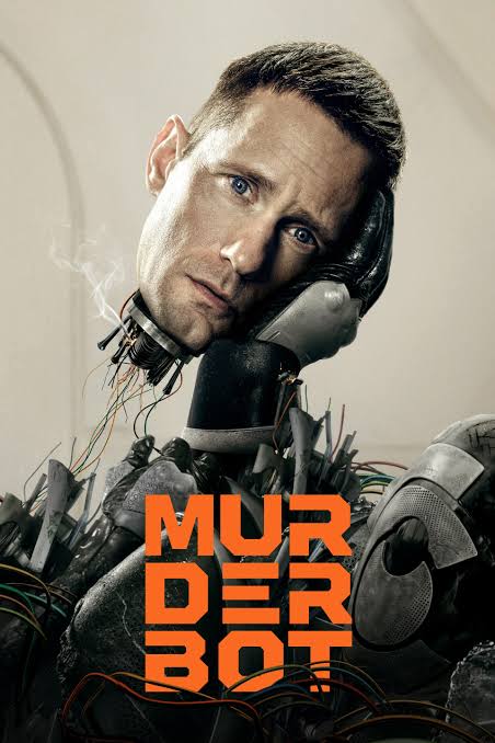 Murderbot: The image is of a robot holding up its own human-like head (which isn’t attached to its neck) with one of its hands; the robot is black and dirty white/grey with various wires coming out of it. The lettering is blocky and orange.