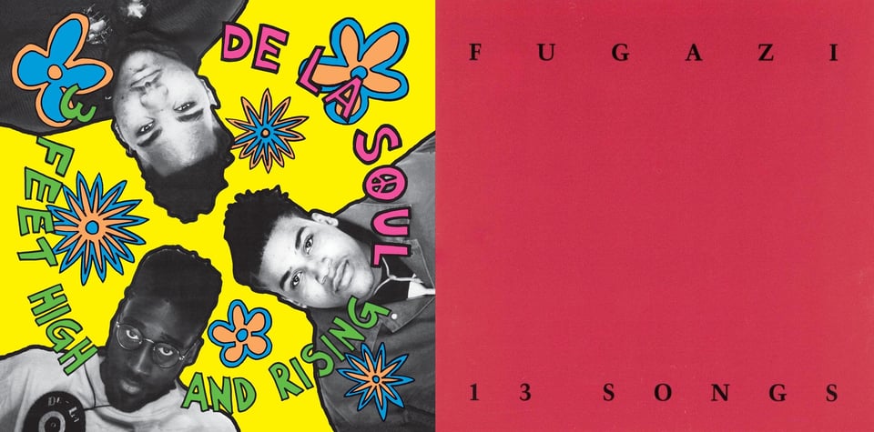First pic: Black and white photos of three young Black men, arranged in a circle as if you are on the ground and they are looking down at you from above. The background is very bright yellow. There are hand drawn flower shapes in blue and orange arranged around them. Second pic: A red background. At the top in black reads "FUGAZI" and along the bottom in the same font "13 SONGS."