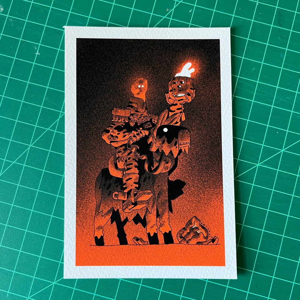 The headless horseman, riding on his horse and carrying a glowing pumpkin. 