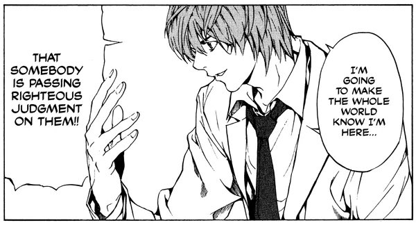 A character in a suit with tousled hair is confidently declaring their intention to make their presence known, accompanied by thoughts of righteous judgment.